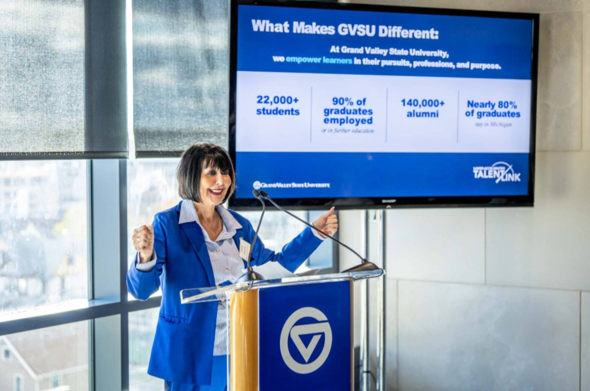 GVSU President giving a presentation.